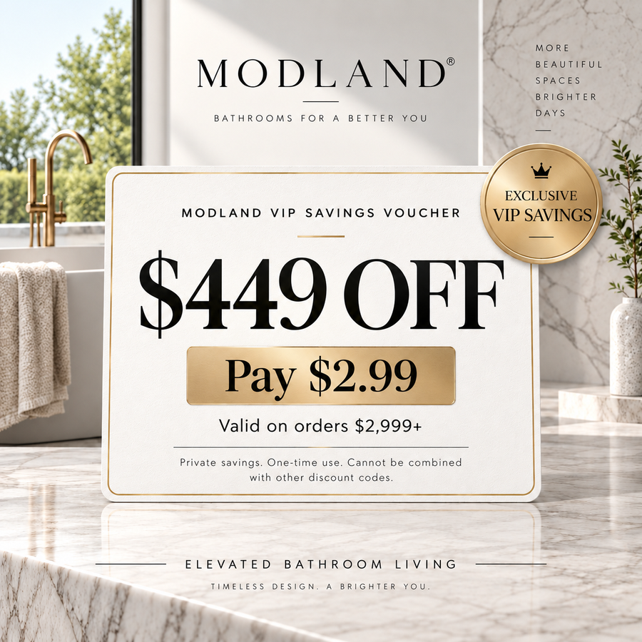MODLAND VIP Savings Voucher on a marble bathroom counter: pay $2.99 to unlock $449 off eligible purchases of $2,999 or more.