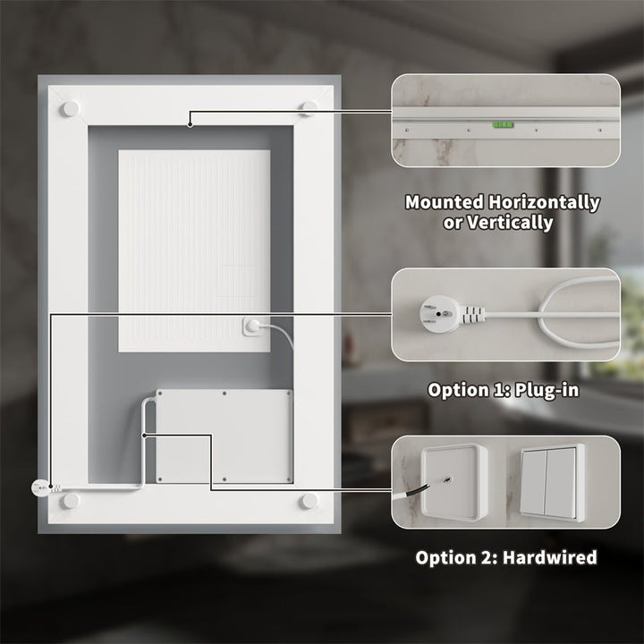 24x32 inch LED Mirror Installation Back View Power Options