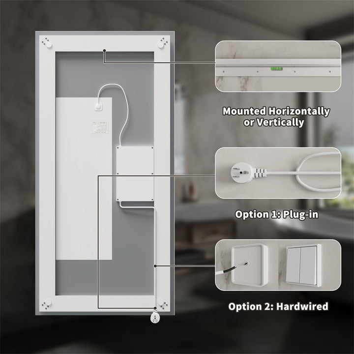 28x60 inch LED Mirror Installation Back View Power Options