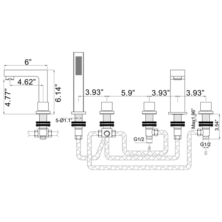 Triple Handle Deck Mounted Tub Faucet with Handshower - Modland