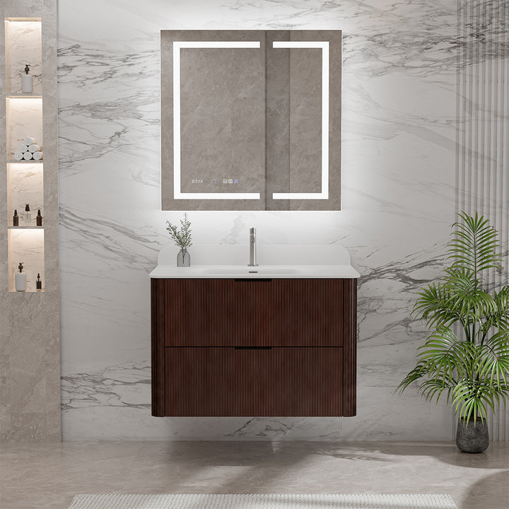 30 inch walnut wall mounted reeded oak bathroom vanity