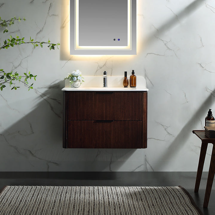 30 inch walnut wall mounted reeded oak bathroom vanity scene