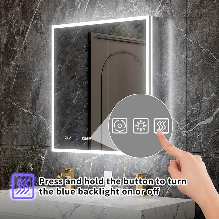 30x32 backlit medicine cabinet blue light button