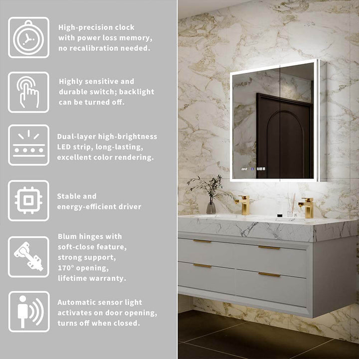 30x32 backlit medicine cabinet detailed features