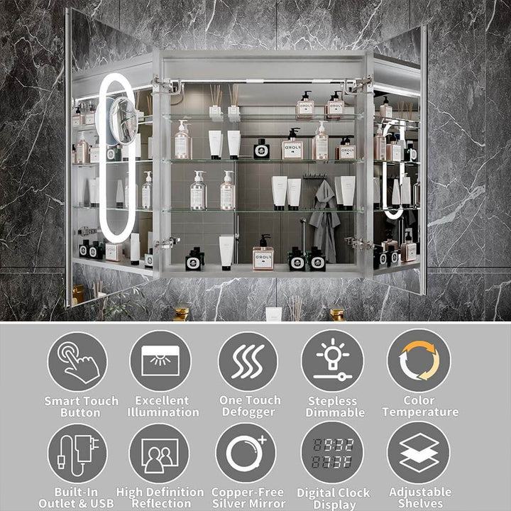 30x32 backlit medicine cabinet features icons