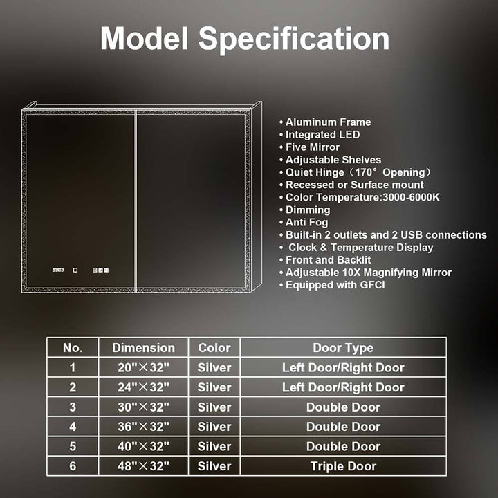 30x32 backlit medicine cabinet model specification