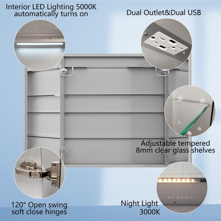 Interior view of 30x32 inch modern LED medicine cabinet with dual outlet and USB, 5000K LED light, soft close hinges, and adjustable tempered glass shelves