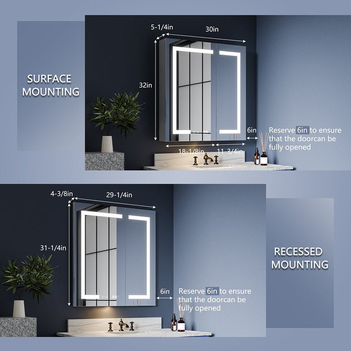 30 x 32 inch modern LED bathroom medicine cabinet with dual surface and recessed mounting dimensions – perfect for bathroom vanity installation