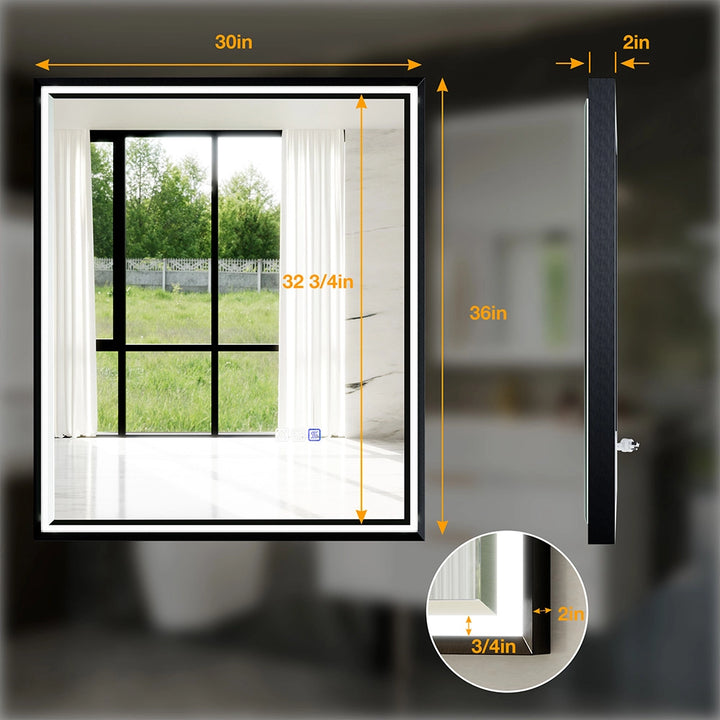 30 x 36 Inch Framed Lighted Bathroom Mirror, Dimmable, Anti Fog, Front ...