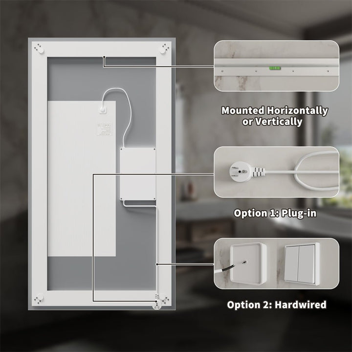 30x55 inch LED Mirror Installation Back View Power Options