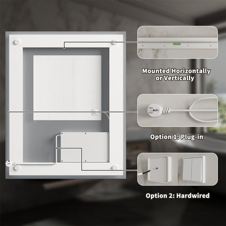 32x40 inch LED Mirror Installation Back View Power Options
