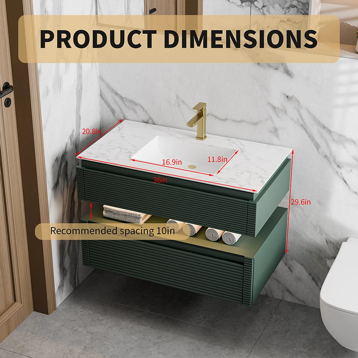 36 inch green wall mount bathroom vanity with detailed dimensions