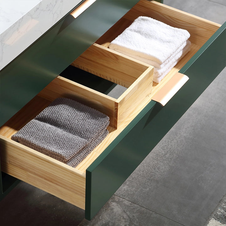36 inch floating bath vanity drawer detail showing towel storage space