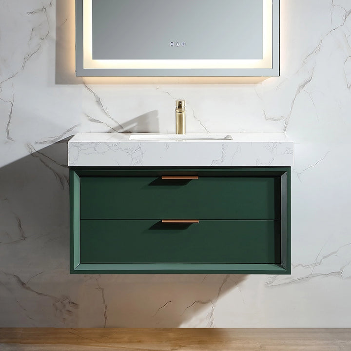 36 inch floating bath vanity front view with marble top and gold faucet