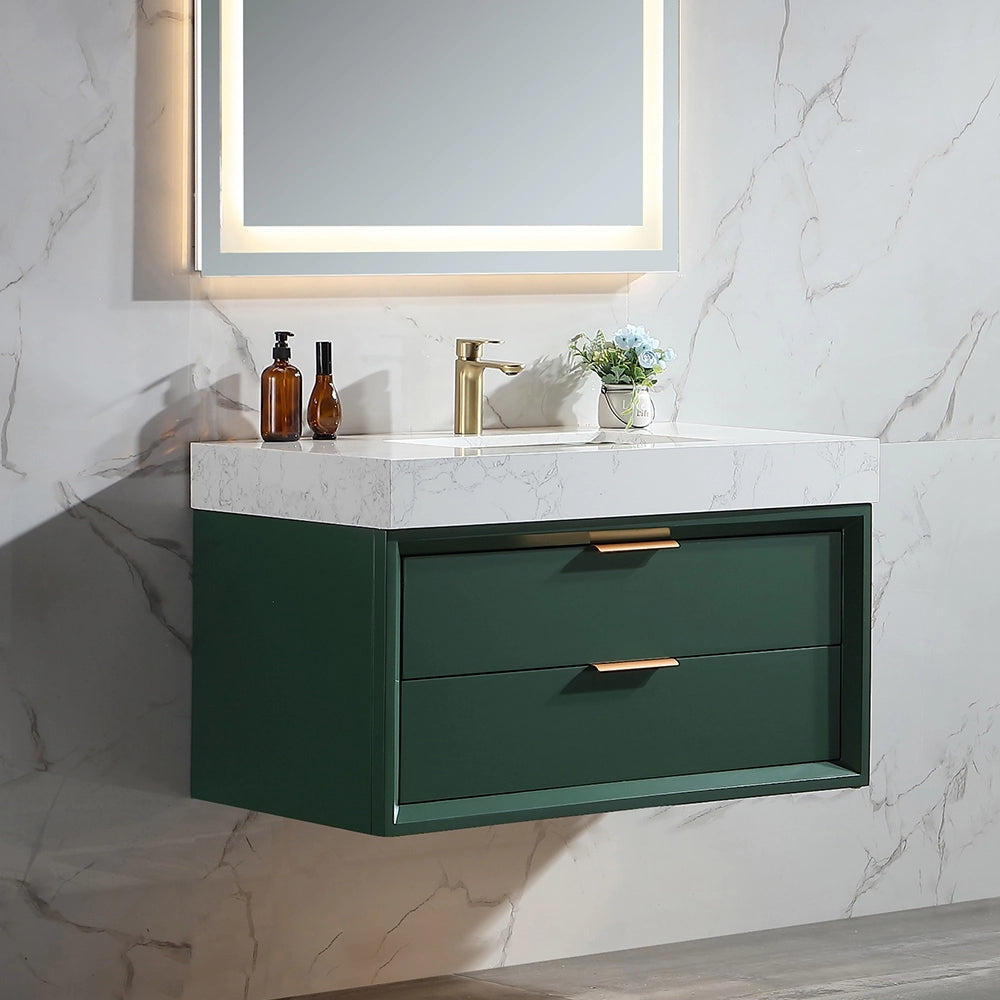 36 inch floating bath vanity in green with white marble countertop and gold faucet
