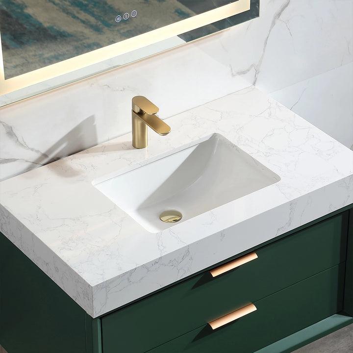 36 inch floating bath vanity with white marble countertop and gold faucet