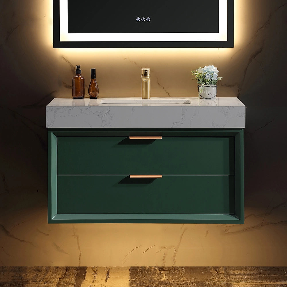36 inch floating bath vanity in modern green finish with marble countertop