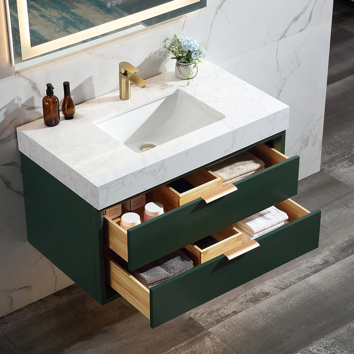 36 inch floating bath vanity in green with open drawers and marble countertop