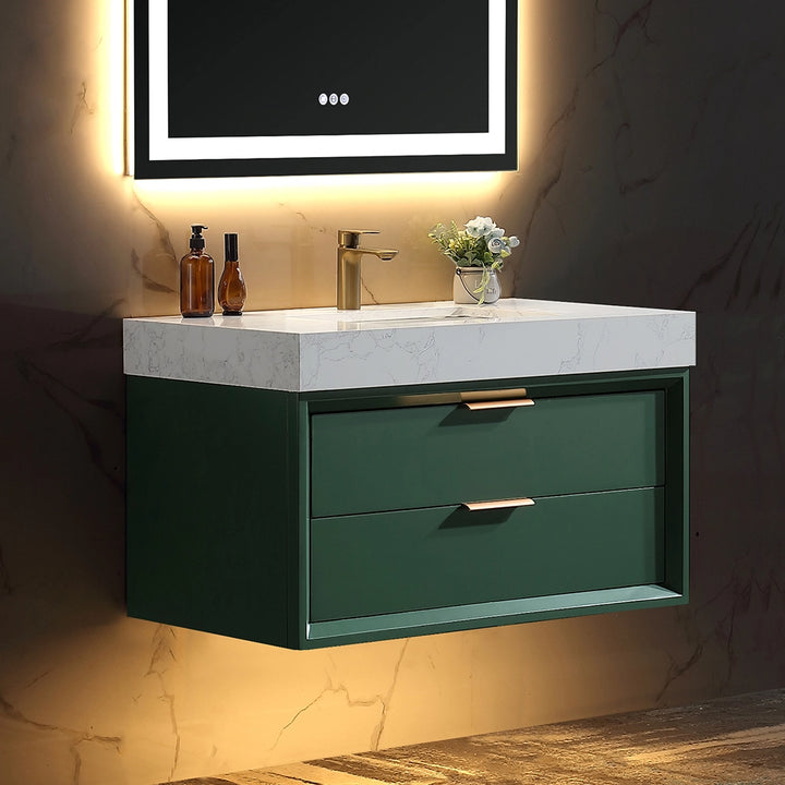 36 inch floating bath vanity side view in green with marble top and gold faucet