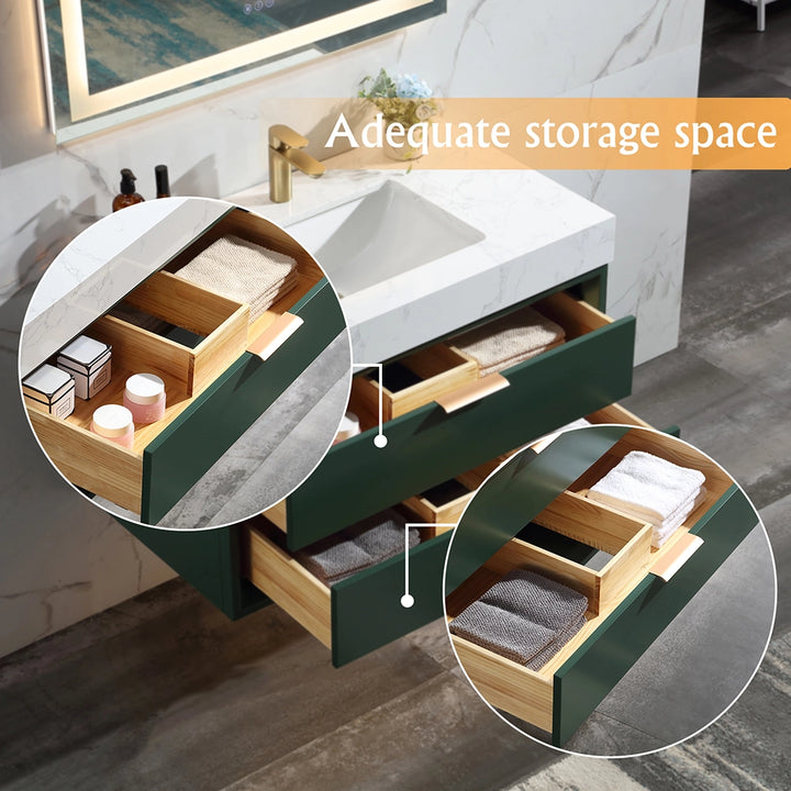 36 inch floating bath vanity with large storage drawers for towels and essentials