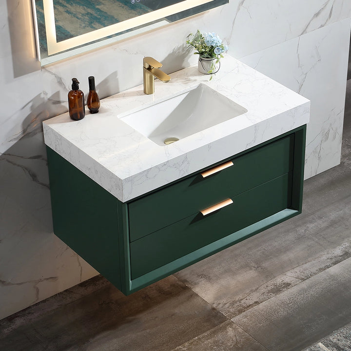 36 inch floating bath vanity top view in green with white marble sink and gold faucet
