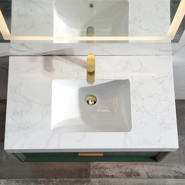 36 inch floating bath vanity top view with marble countertop and sink