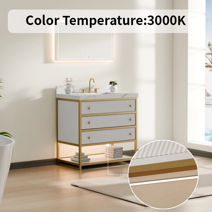 36 inch fluted solid wood bathroom vanity with 3000K warm LED lighting