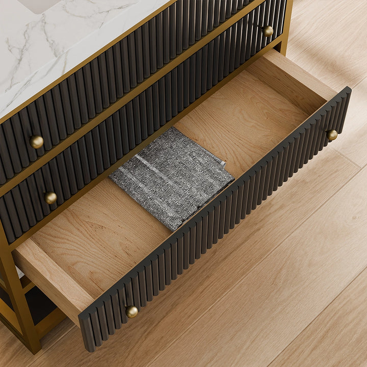 36 inch fluted solid wood bathroom vanity black with deep drawer detail