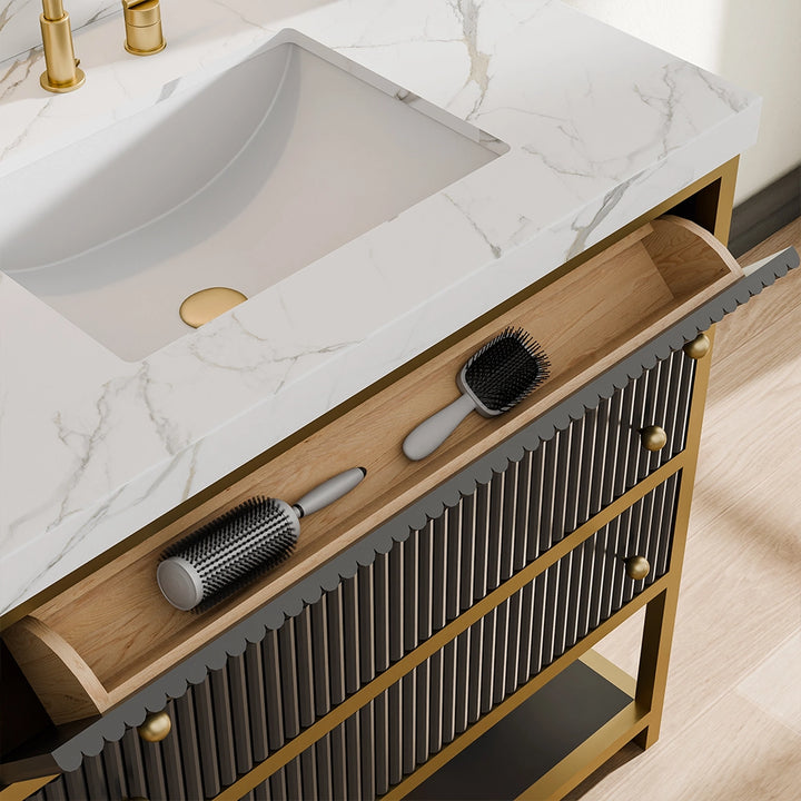 36 inch fluted solid wood bathroom vanity black with top drawer storage detail