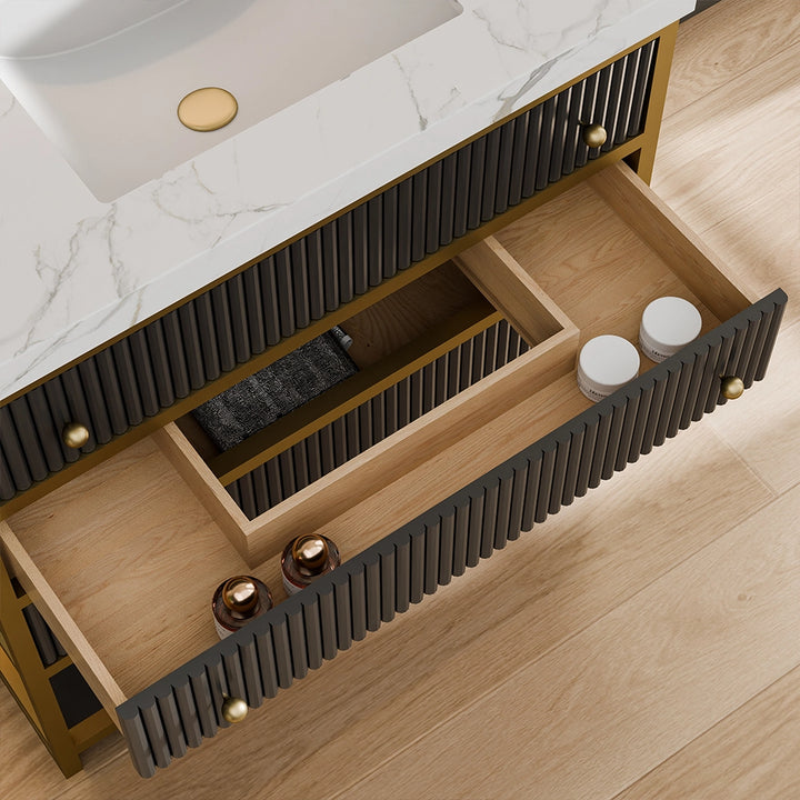 36 inch fluted solid wood bathroom vanity black with drawer storage organizer