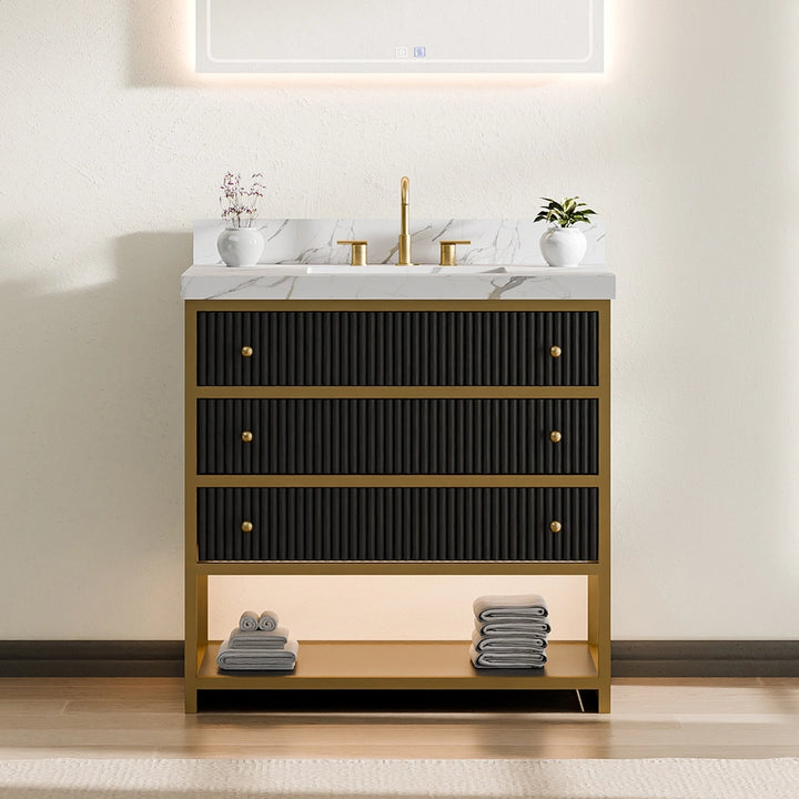 36 inch fluted solid wood bathroom vanity black front view with gold frame