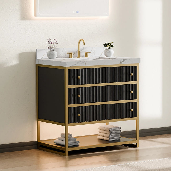 36 inch fluted solid wood bathroom vanity with black drawers and gold frame