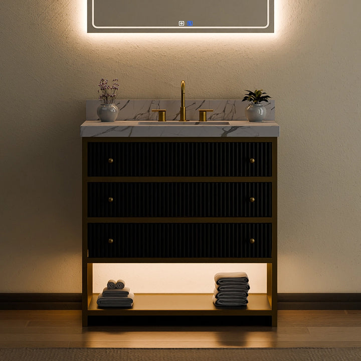 36 inch fluted solid wood bathroom vanity black with warm LED lighting
