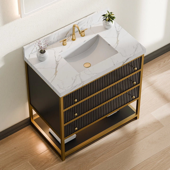 36 inch fluted solid wood bathroom vanity with black drawers and marble top