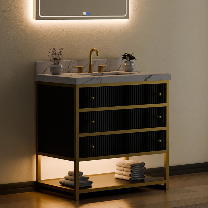 36 inch fluted solid wood bathroom vanity black with ambient night lighting