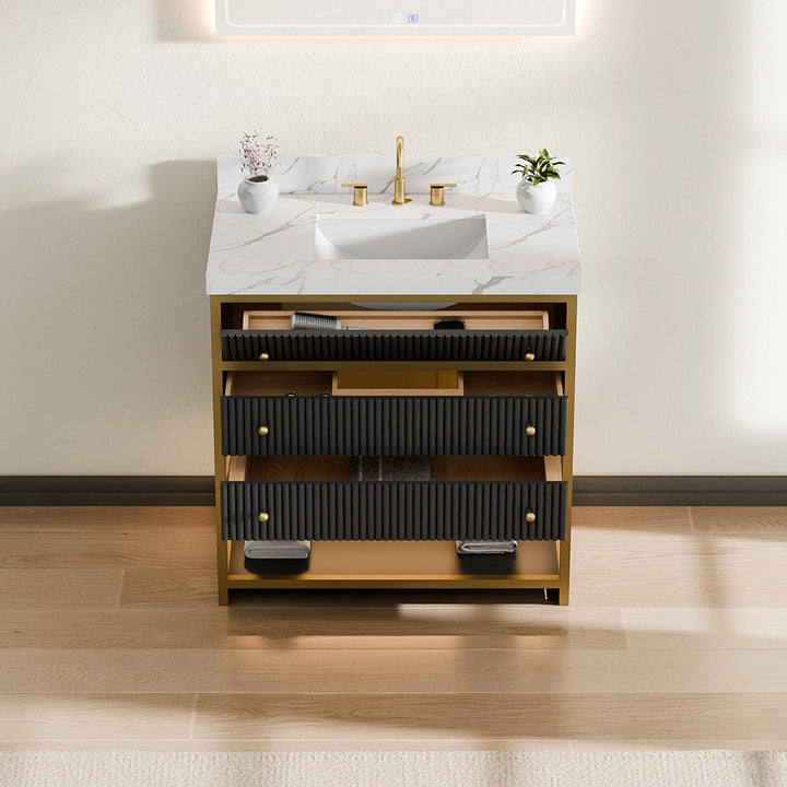 36 inch fluted solid wood bathroom vanity black with open drawers and marble top