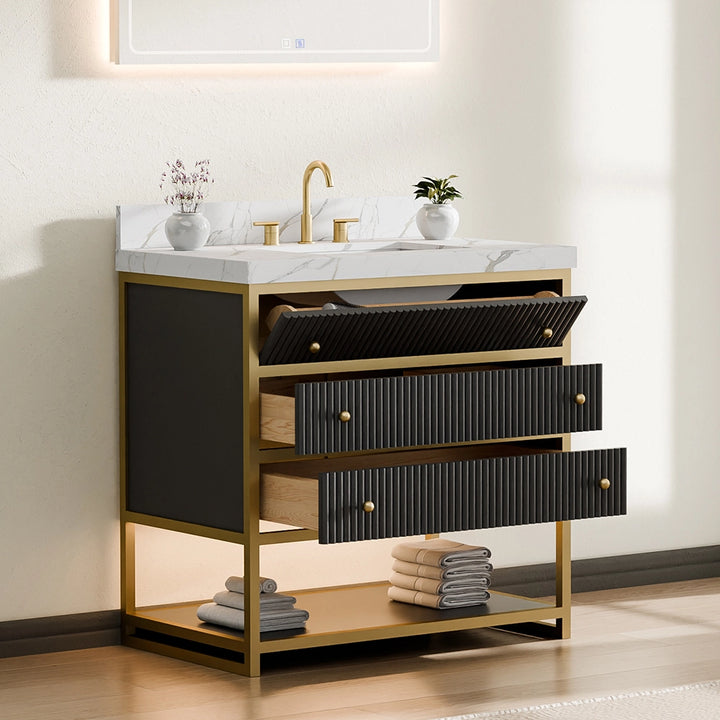 36 inch fluted solid wood bathroom vanity black with open drawers side view