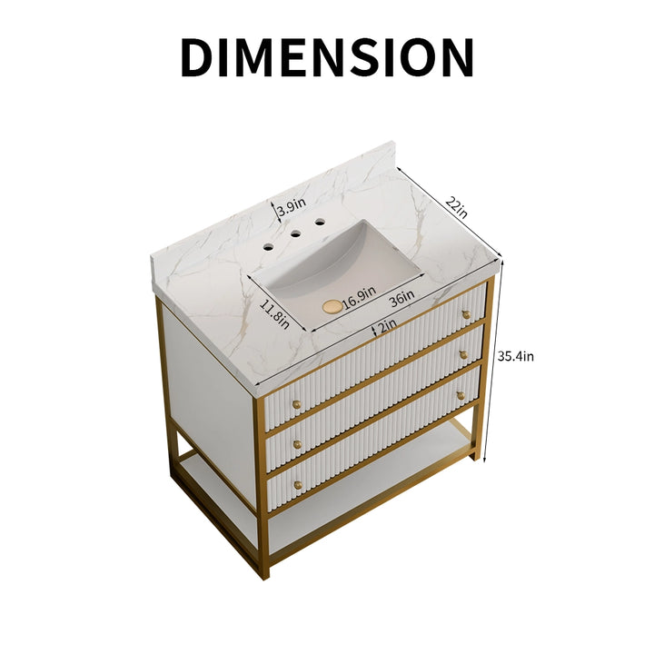 36 inch fluted solid wood bathroom vanity with detailed dimensions