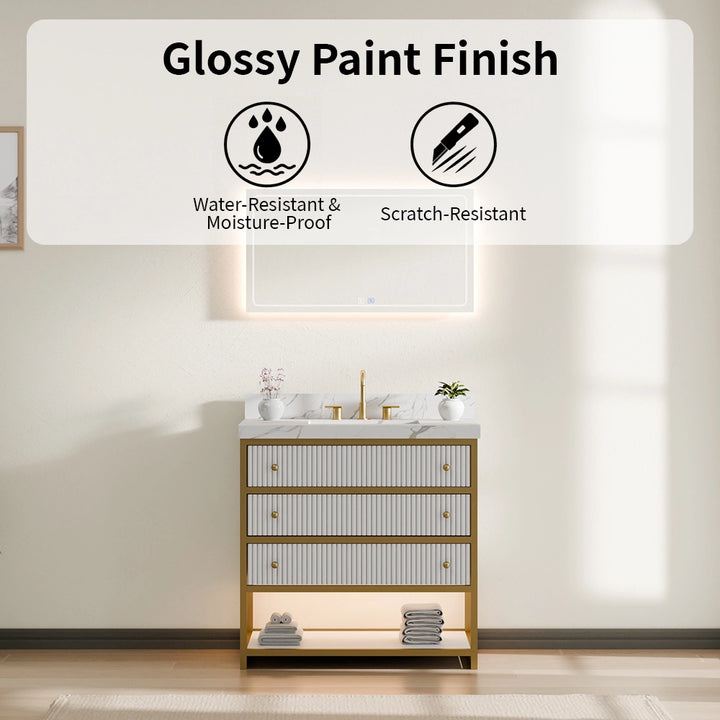 36 inch fluted solid wood bathroom vanity with glossy water resistant finish