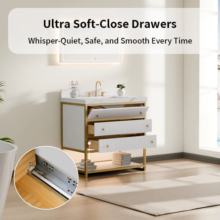 36 inch fluted solid wood bathroom vanity with ultra soft close drawers