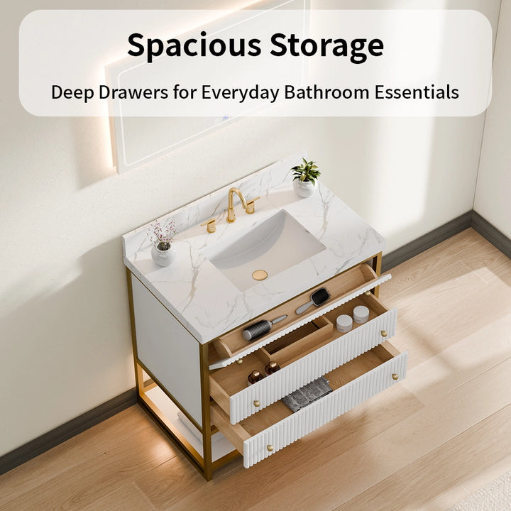 36 inch fluted solid wood bathroom vanity with spacious storage drawers