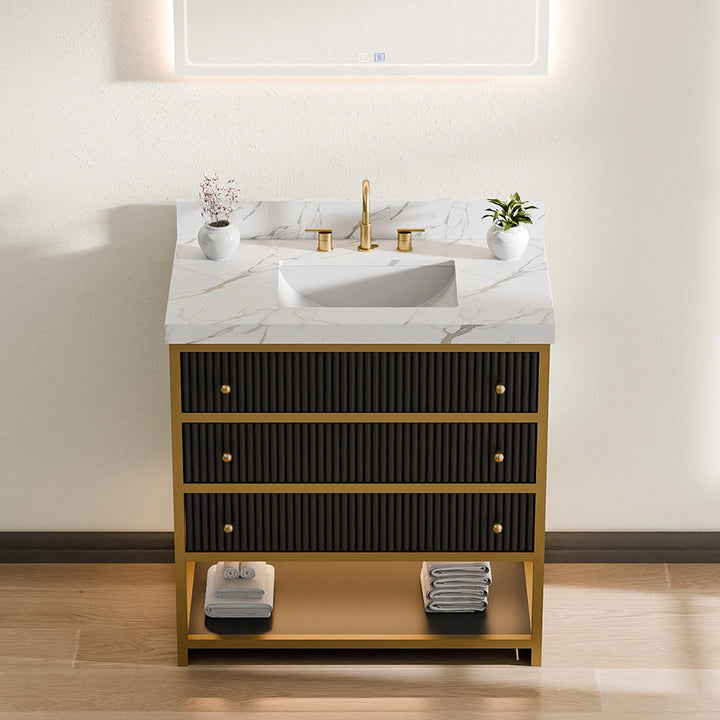 36 inch fluted solid wood bathroom vanity black top view with marble sink