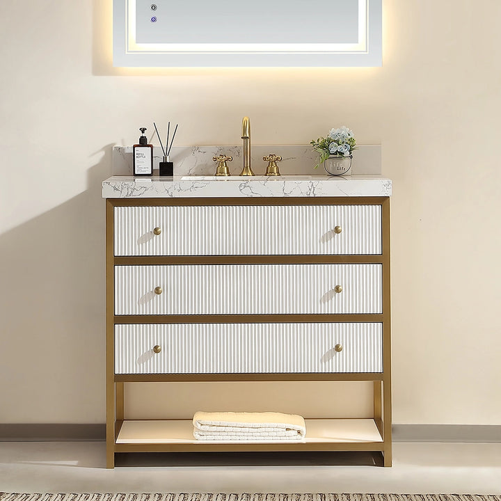 36 inch fluted solid wood bathroom vanity white front view with lighting