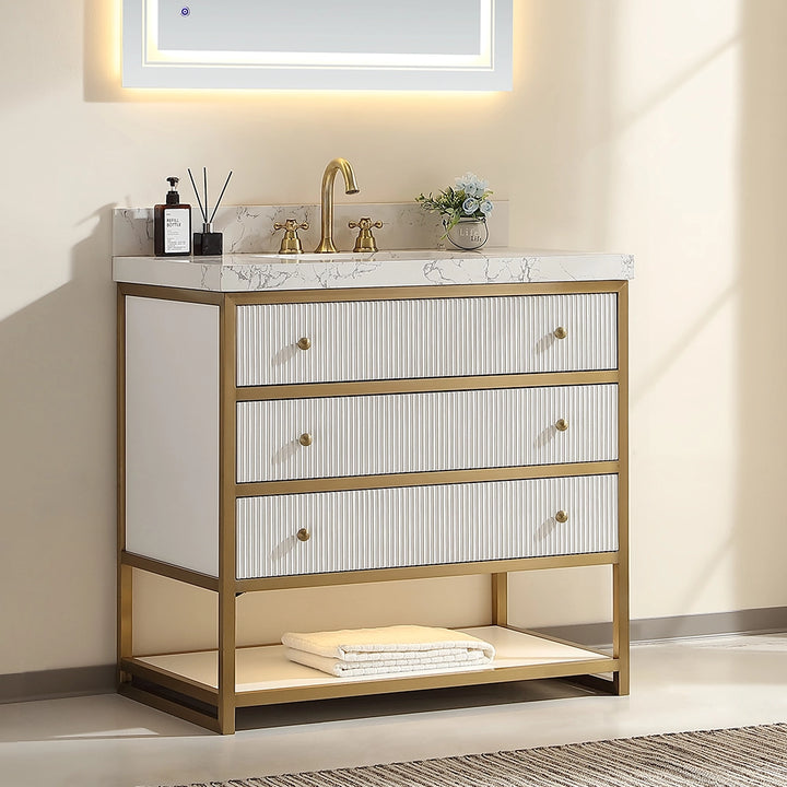 36 inch fluted solid wood bathroom vanity white front view