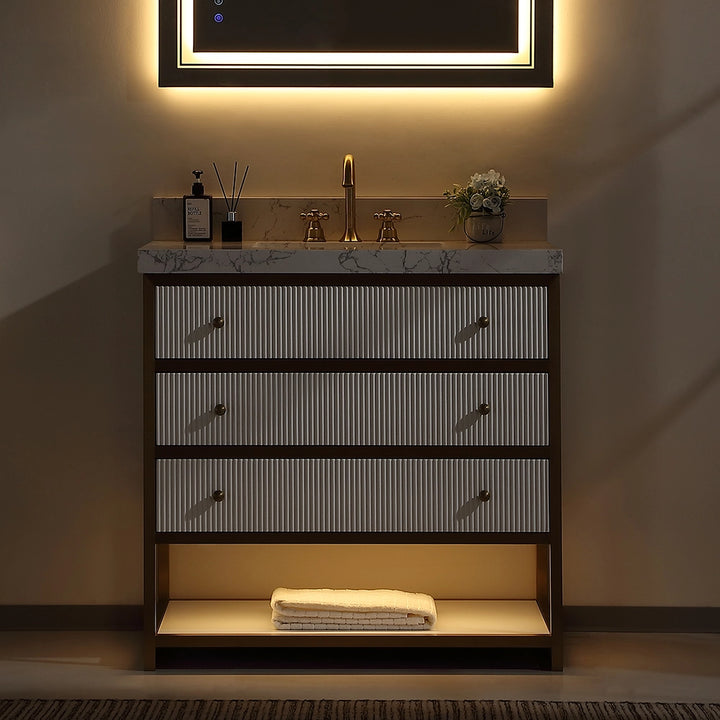 36 inch fluted solid wood bathroom vanity white with LED light on