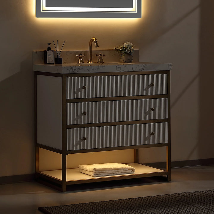 36 inch fluted solid wood bathroom vanity white night lighting view