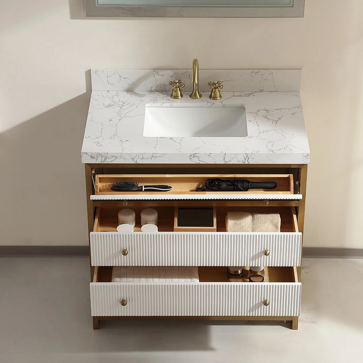 36 inch fluted solid wood bathroom vanity white open drawers