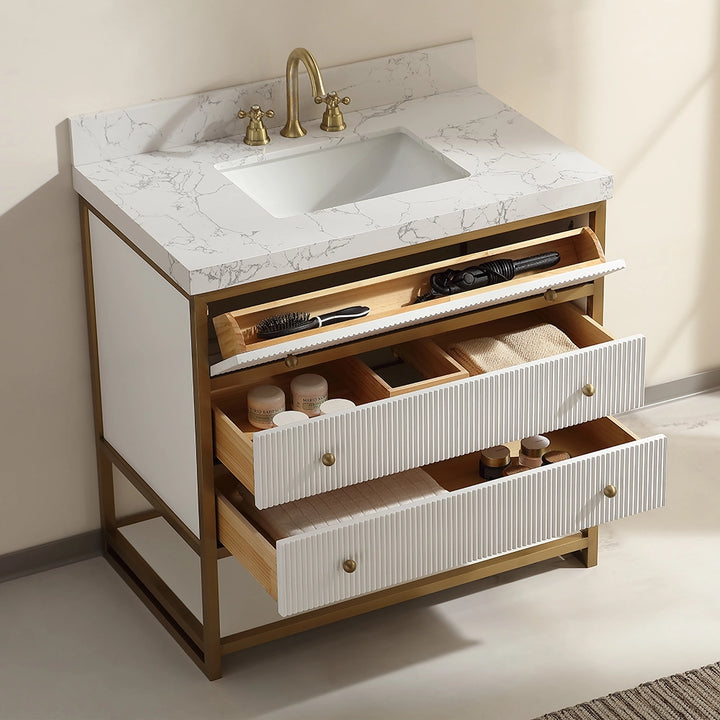 36 inch fluted solid wood bathroom vanity white side open drawers