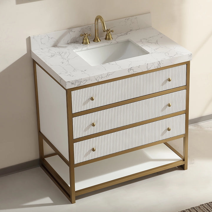 36 inch fluted solid wood bathroom vanity white side view