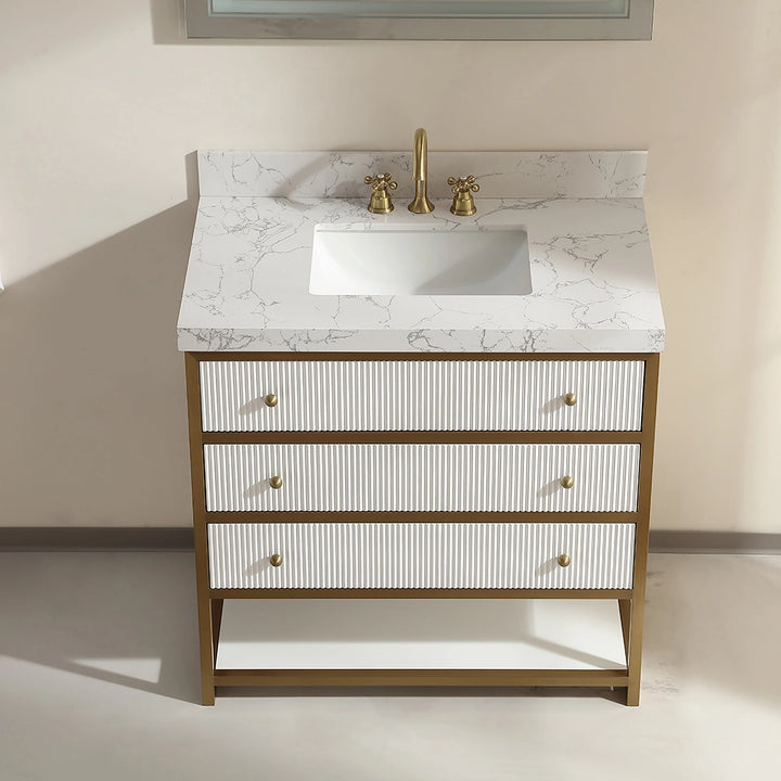 36 inch fluted solid wood bathroom vanity white top view